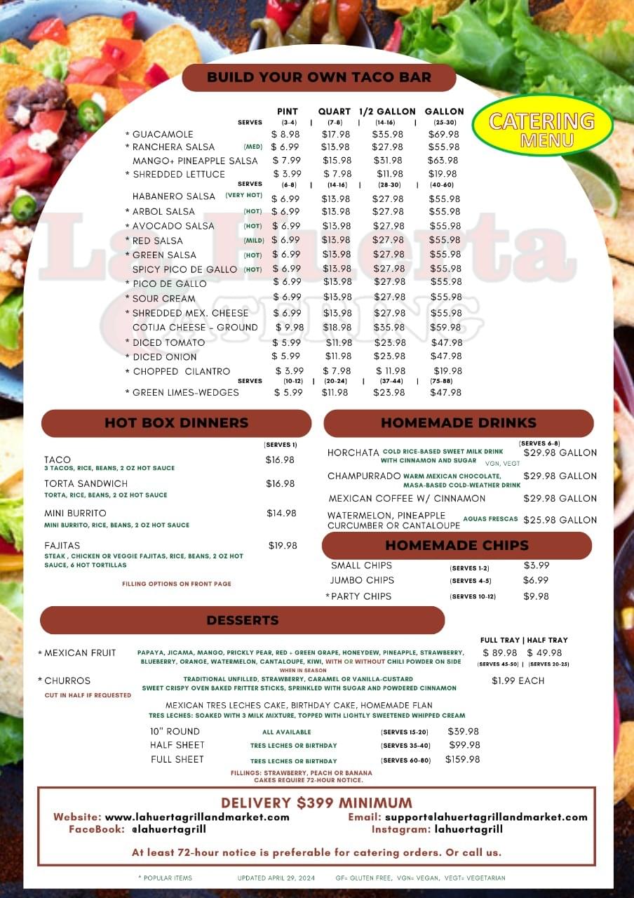 La Huerta St. Charles Catering Menu